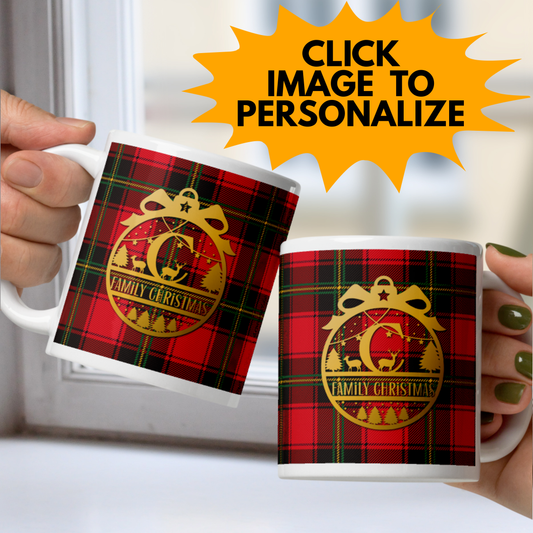 Monogram Custom Message Christmas White Mug - Red Black Plaid
