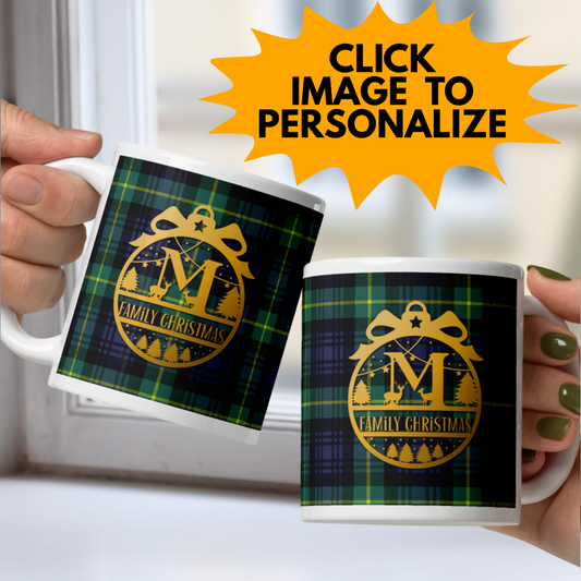 Monogram Custom Message Christmas White Mug - Green Plaid