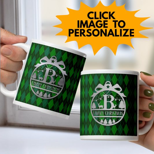 Monogram Custom Message Christmas White Mug - Green Argyle