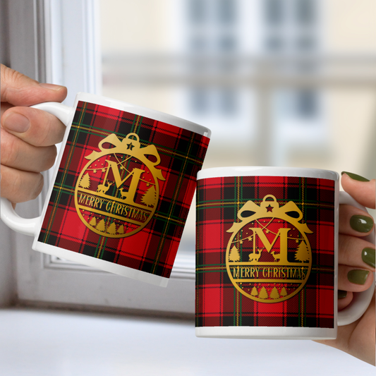 Monogram Custom Message Christmas White Mug - Red Black Plaid