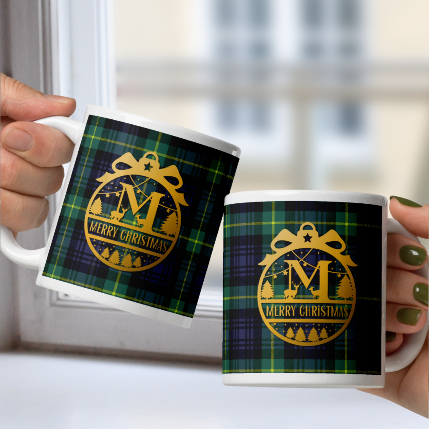 Monogram Custom Message Christmas White Mug - Green Plaid