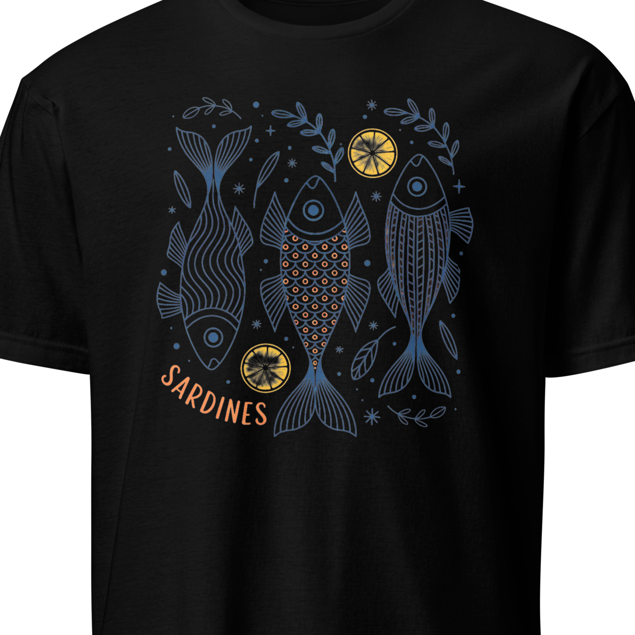Black t-shirt with fish graphic and 'Gardines' text 