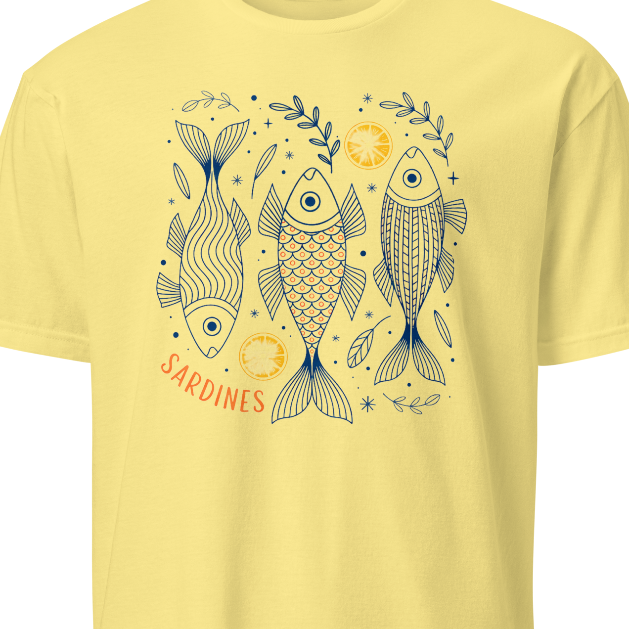 Yellow t-shirt with fish design and 'Sardines' text 