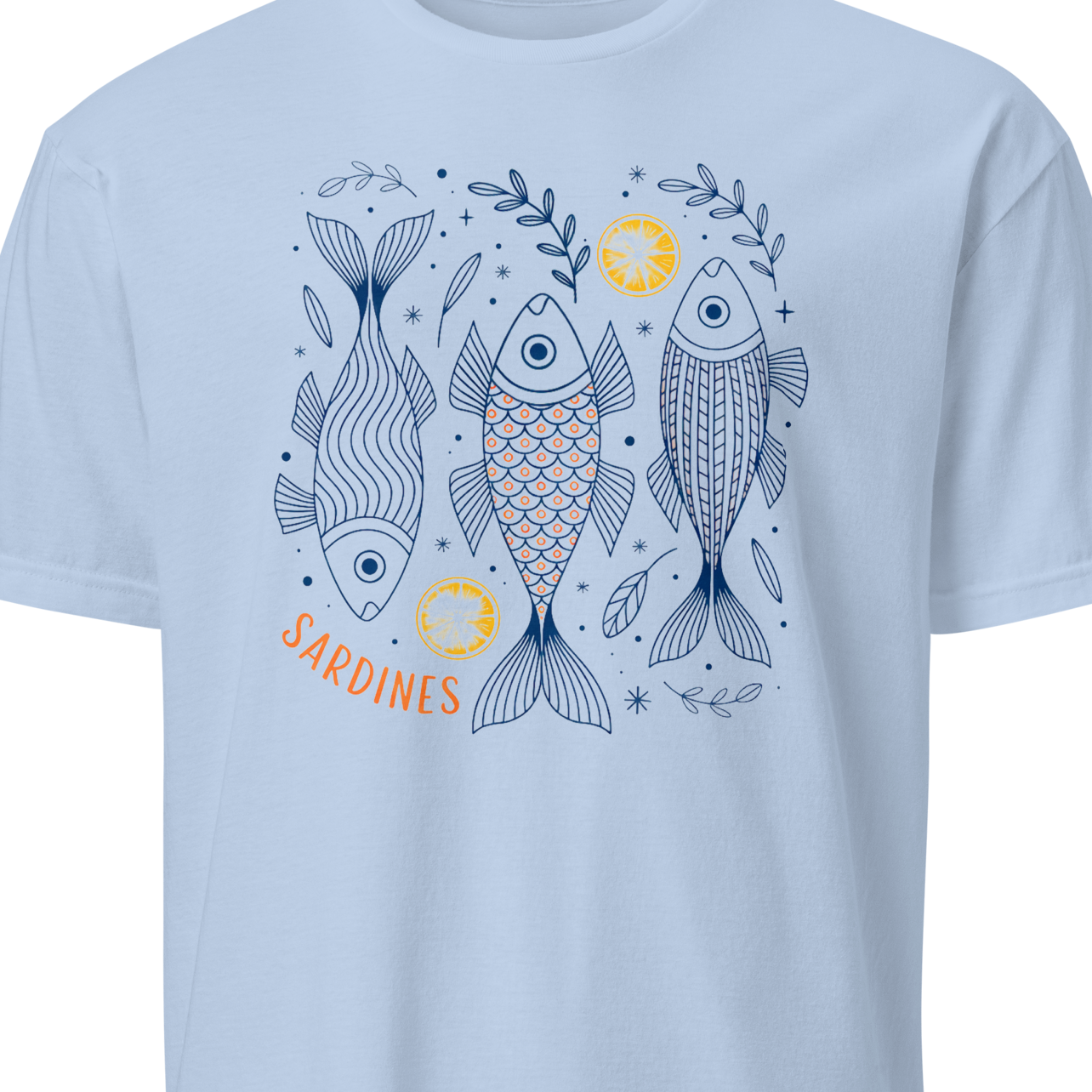 Light blue t-shirt with fish design and 'Sardines' text 