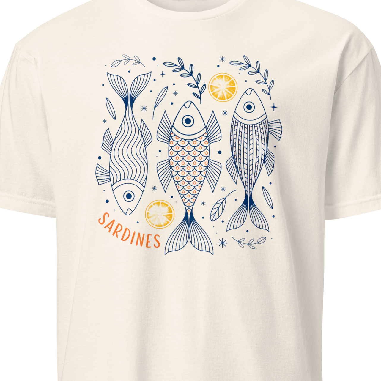 White t-shirt with fish design and 'Sardines' text