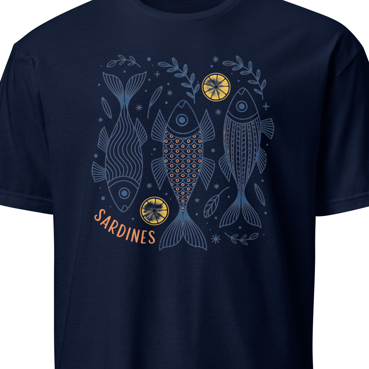 Navy blue t-shirt with fish design and 'Sardines' text