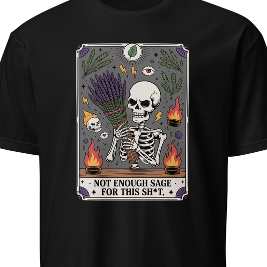 Black t-shirt with a graphic design featuring a skeleton and text 