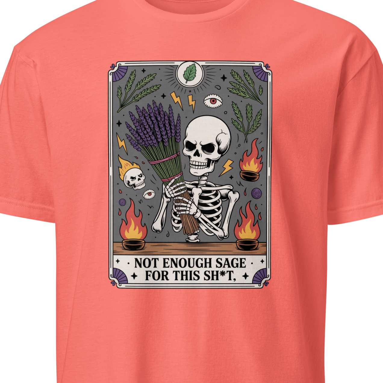 Coral t-shirt with a graphic design featuring a skeleton and text 