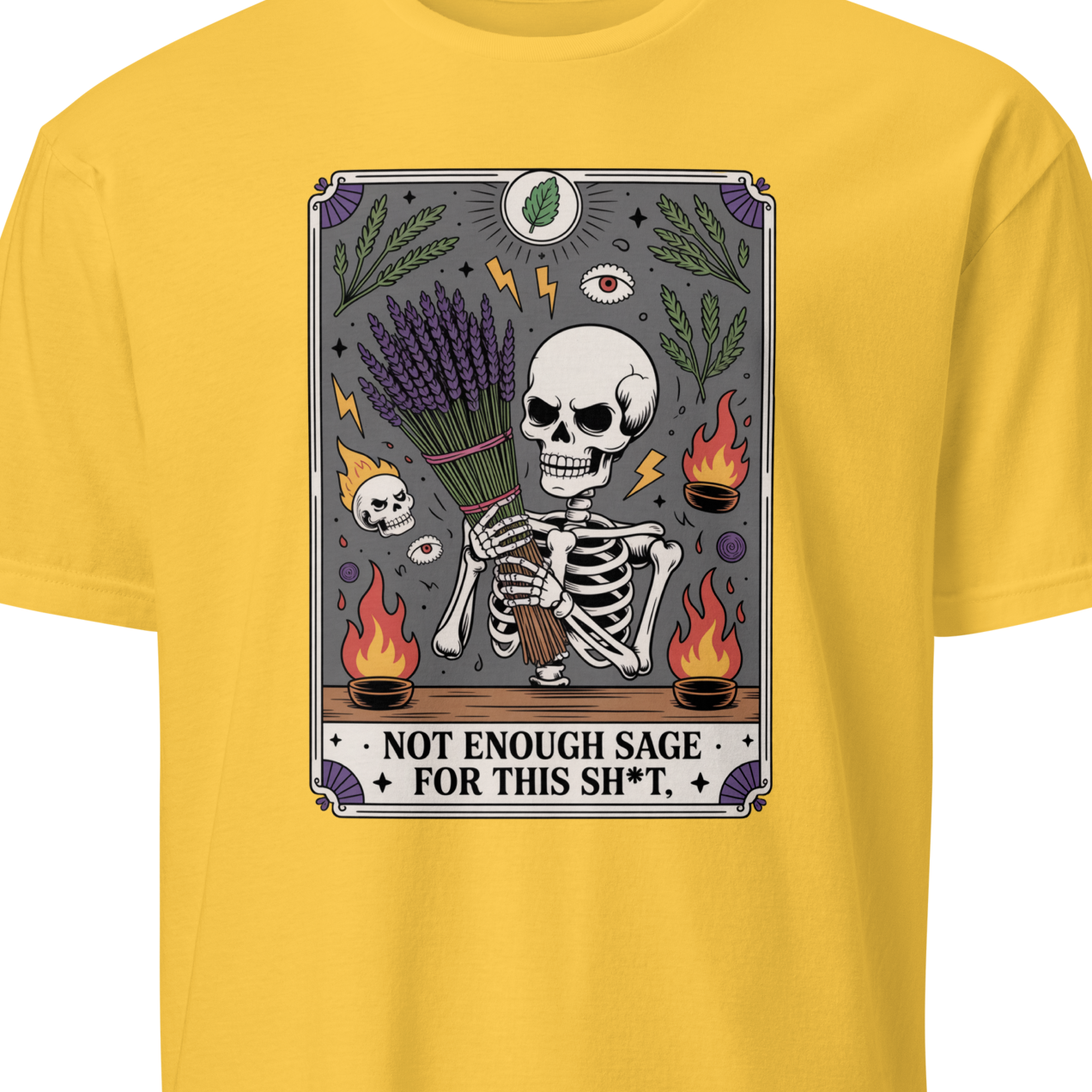 Yellow t-shirt with a graphic design featuring a skeleton and text