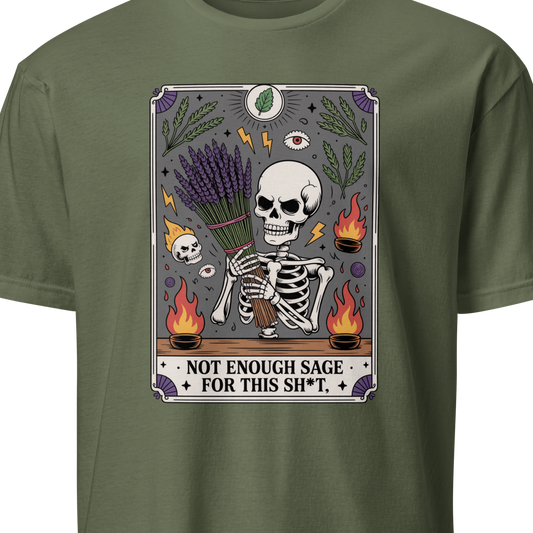 Green t-shirt with a graphic design featuring a skeleton and text 