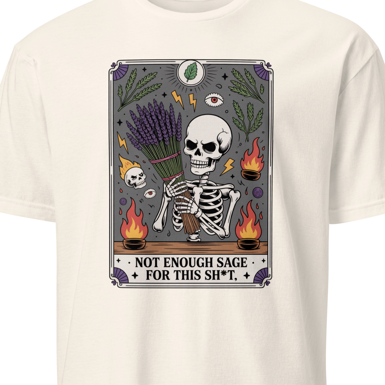 White t-shirt with a graphic design featuring a skeleton and text 