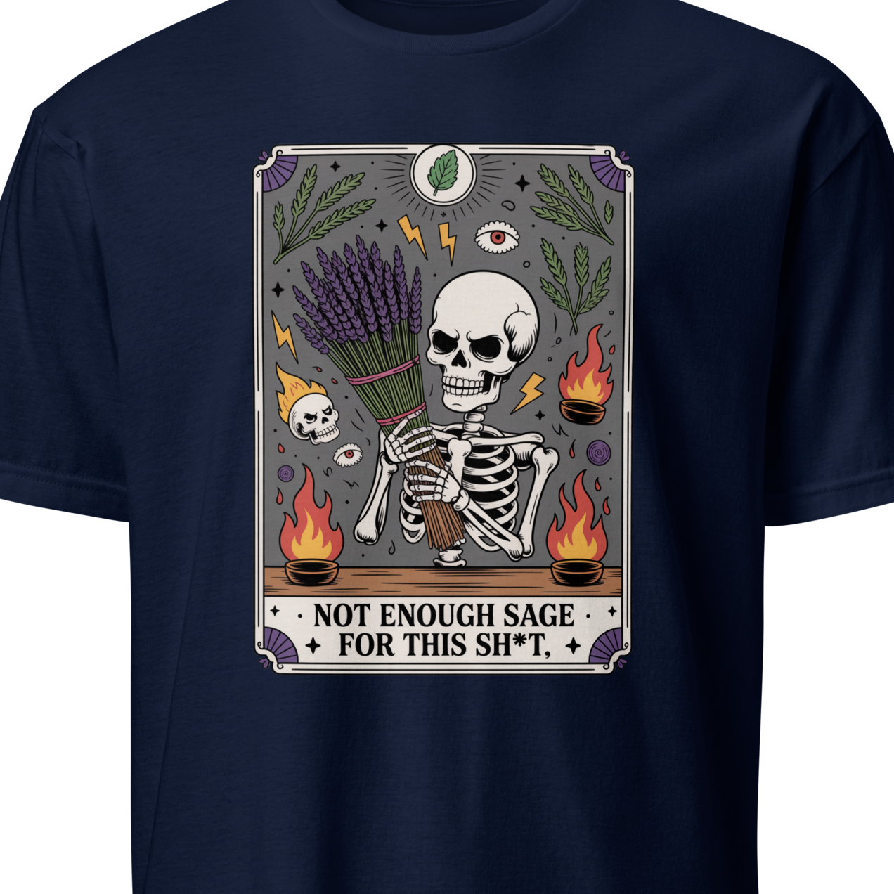 Navy blue t-shirt with a graphic design featuring a skeleton and text