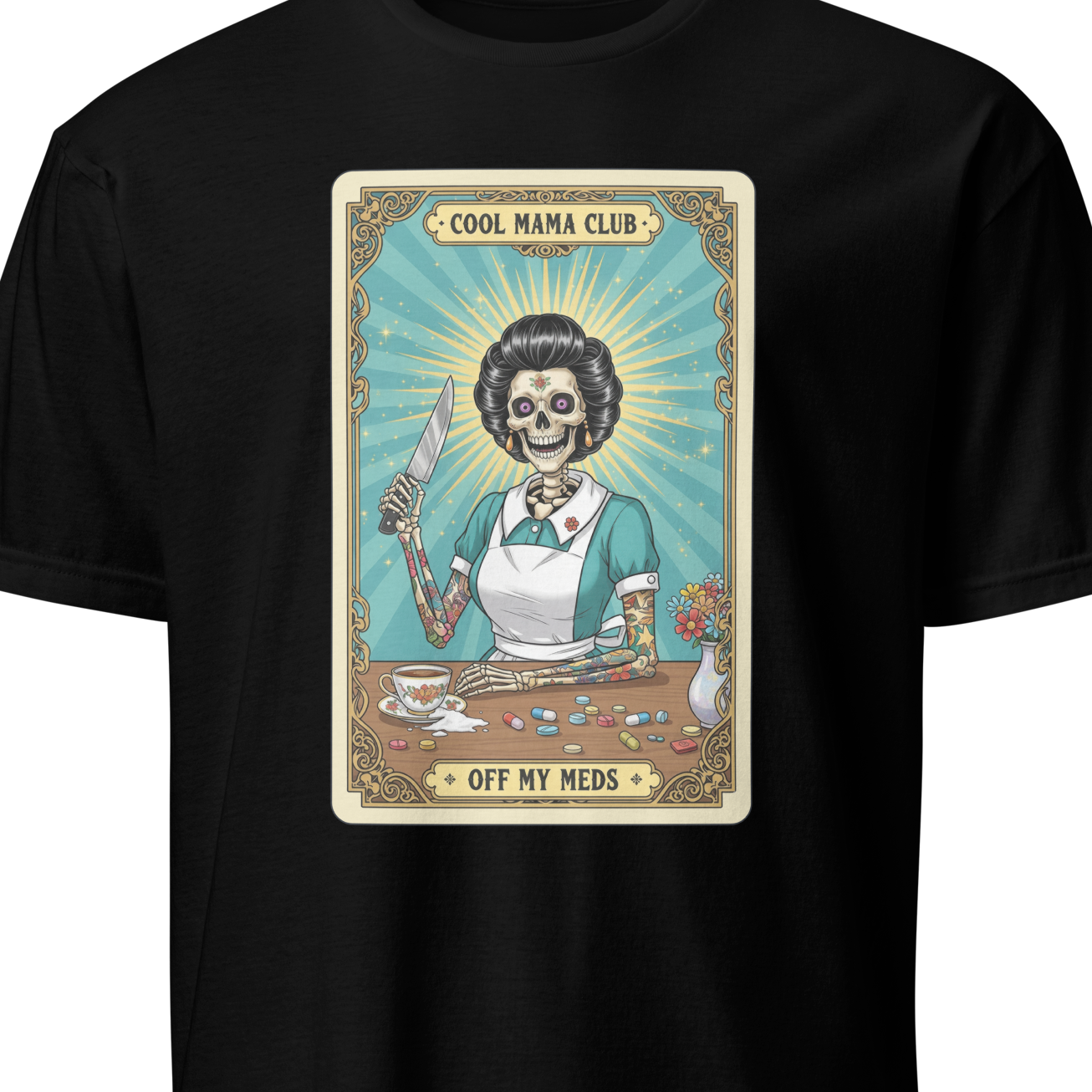 Black t-shirt with a graphic design featuring a skeleton in a kitchen setting 
