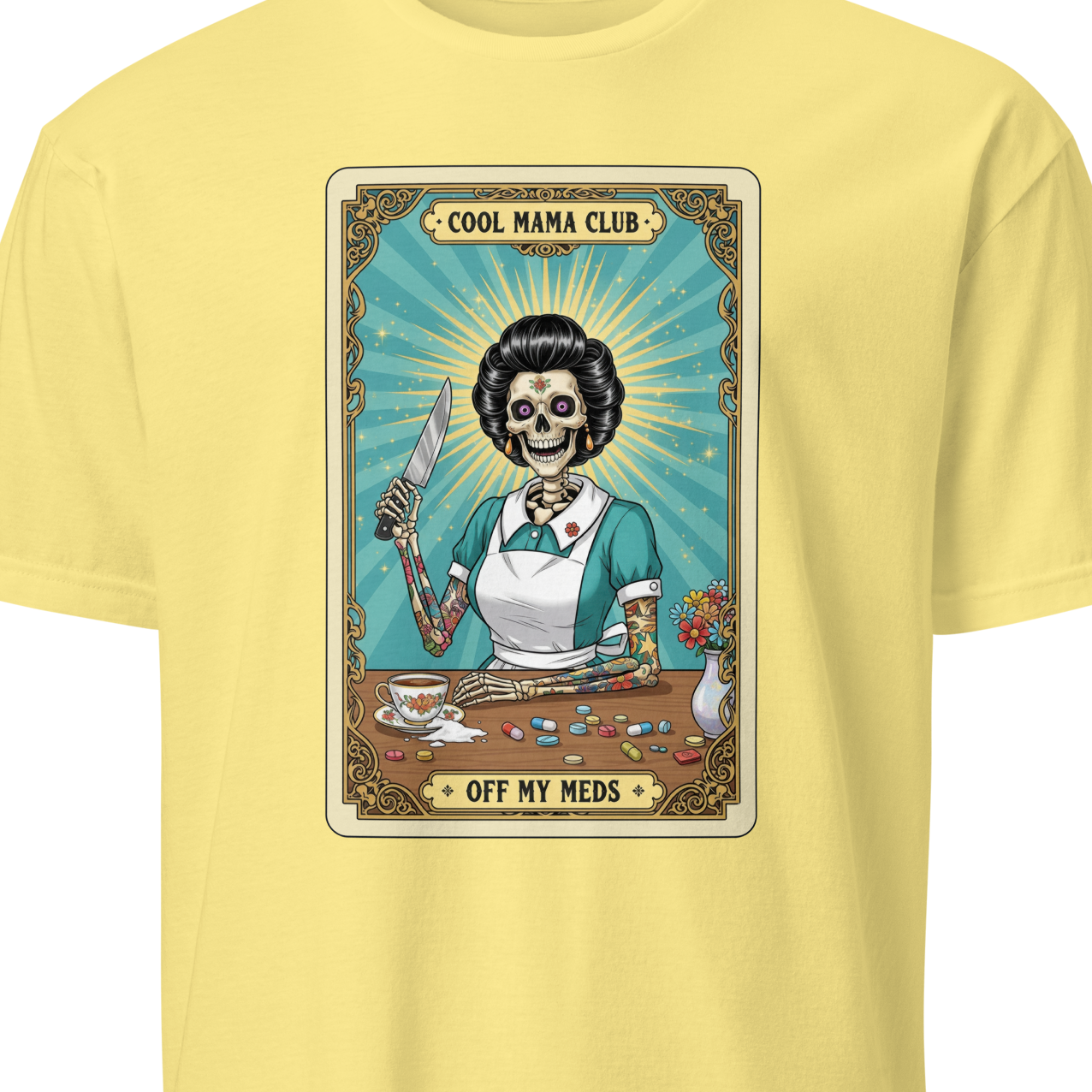 Yellow t-shirt with a graphic design featuring a skeleton in a kitchen setting 