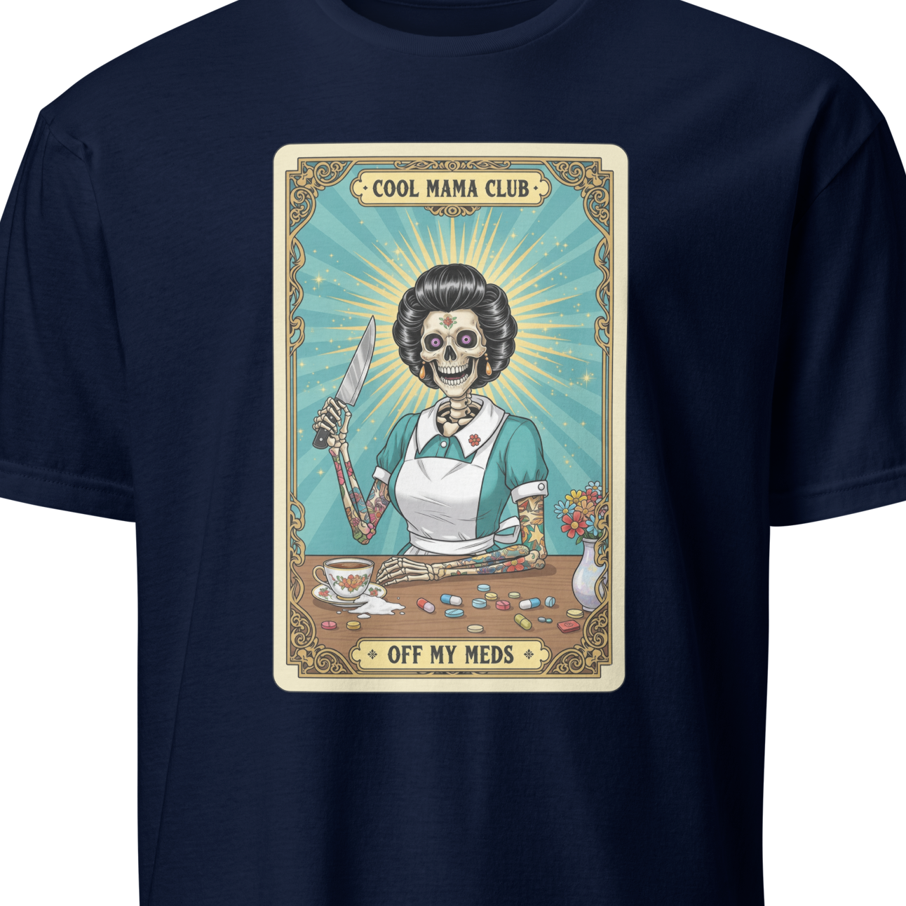 Navy blue t-shirt with a graphic design featuring a skeleton in a kitchen setting 