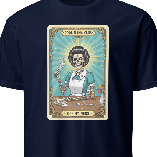 Navy blue t-shirt with a graphic design featuring a skeleton in a kitchen setting 