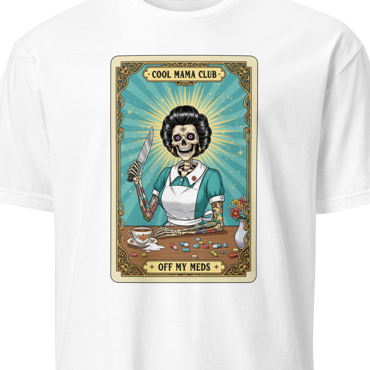 White t-shirt with a graphic design featuring a skeleton in a nurse's outfit and text
