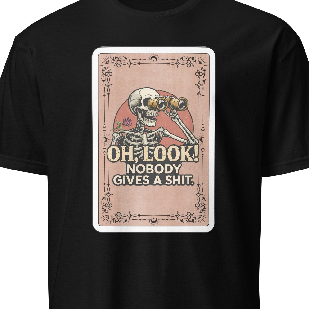 Black t-shirt with a graphic design featuring a skeleton and text on a white background