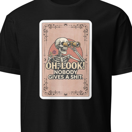 Black t-shirt with a graphic design featuring a skeleton and text on a white background