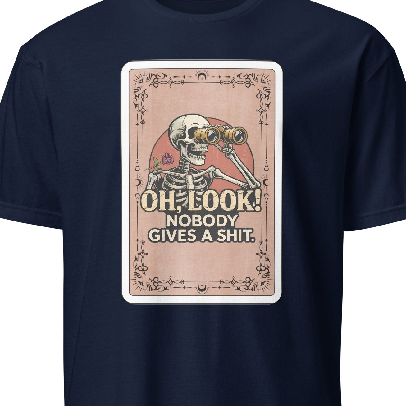 Navy blue t-shirt with a graphic design featuring a skeleton and text on a white background