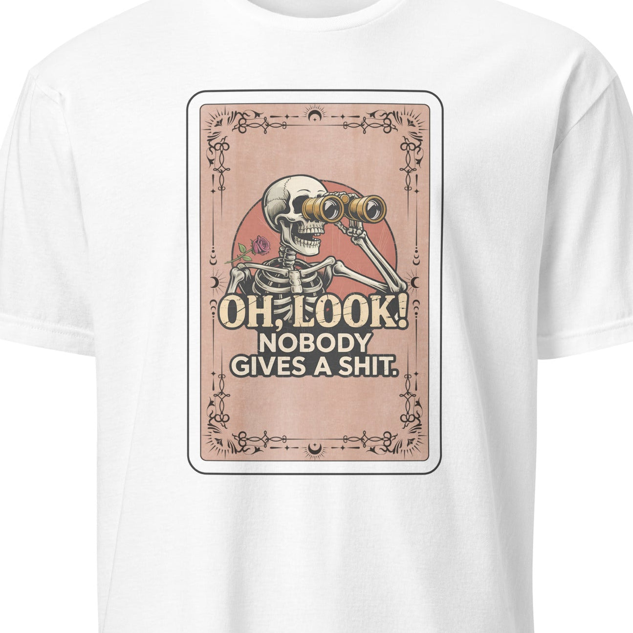 White t-shirt with a graphic design featuring a skeleton and text on a white background