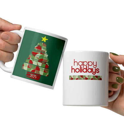 Two hands holding mugs with Christmas-themed designs on a white background