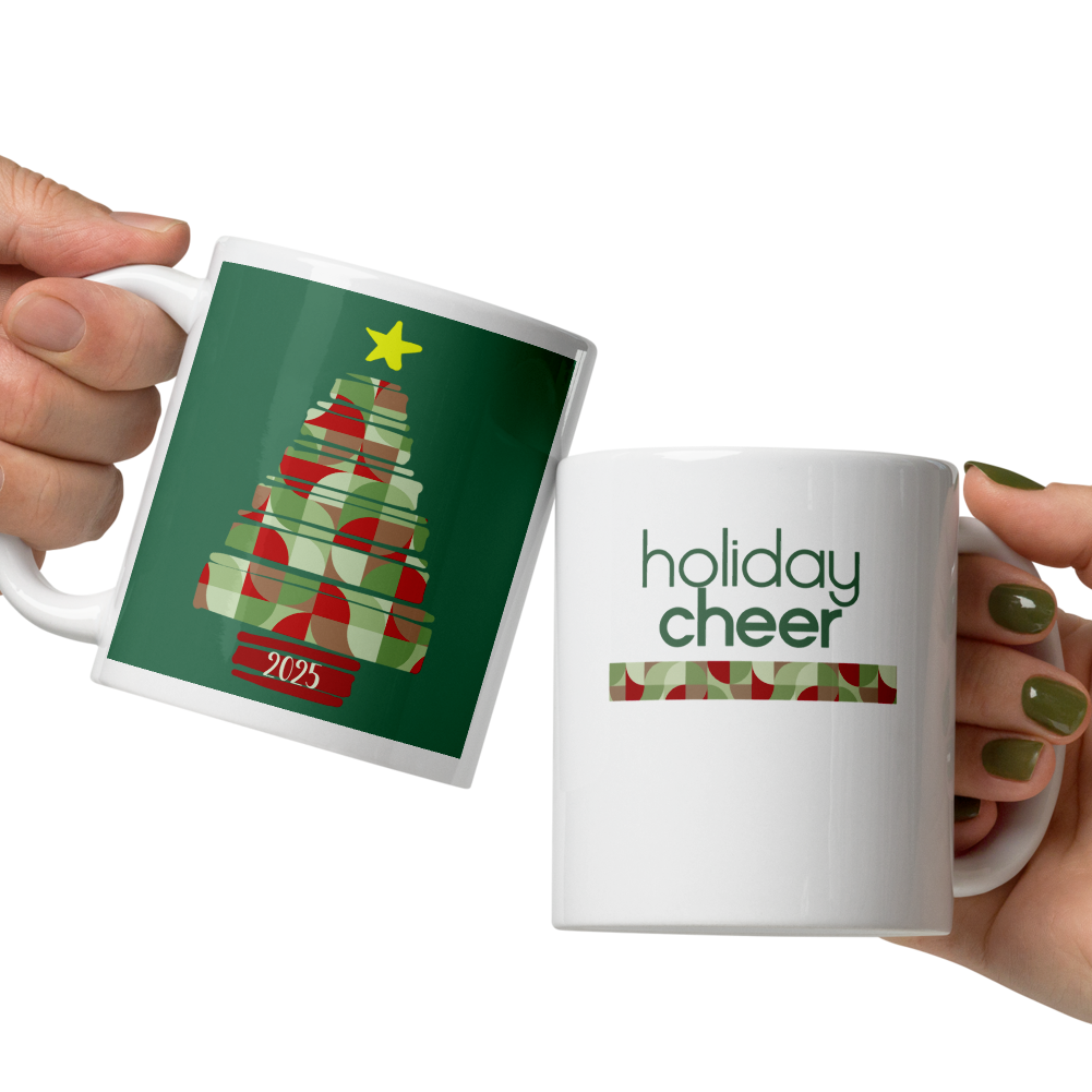 Two hands holding mugs with Christmas-themed designs on a white background