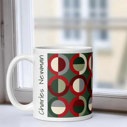 Mug with geometric pattern and text on a blurred indoor background