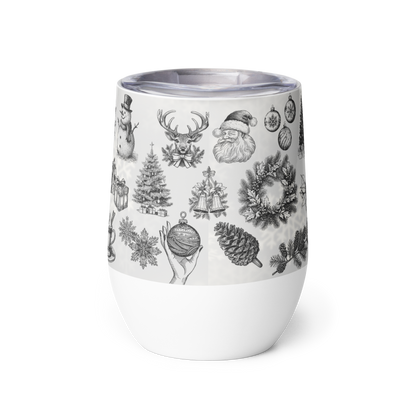 White tumbler with black Christmas-themed illustrations on a white background
