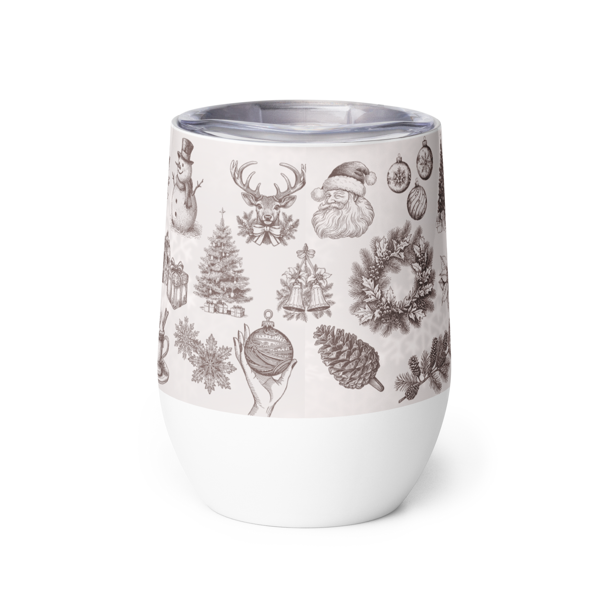 White tumbler with Christmas-themed pattern on a white background