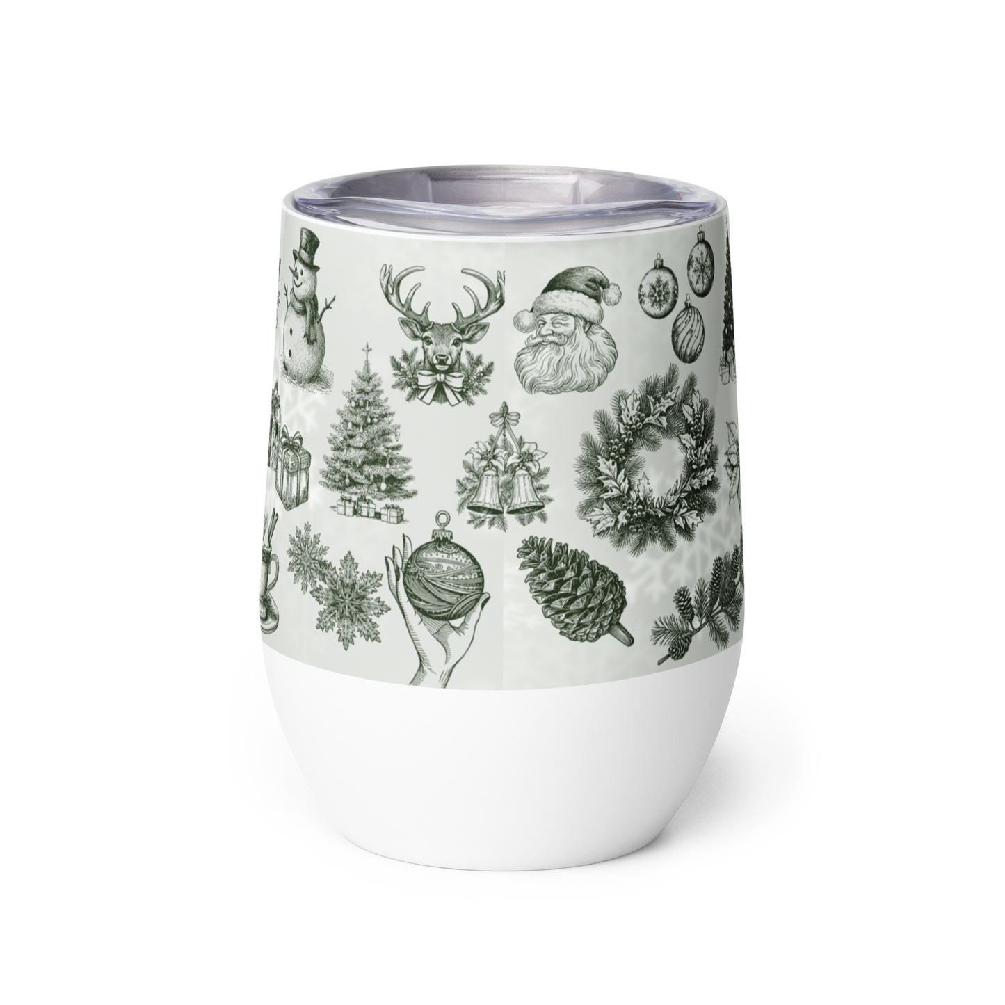 White tumbler with black Christmas-themed illustrations on a white background