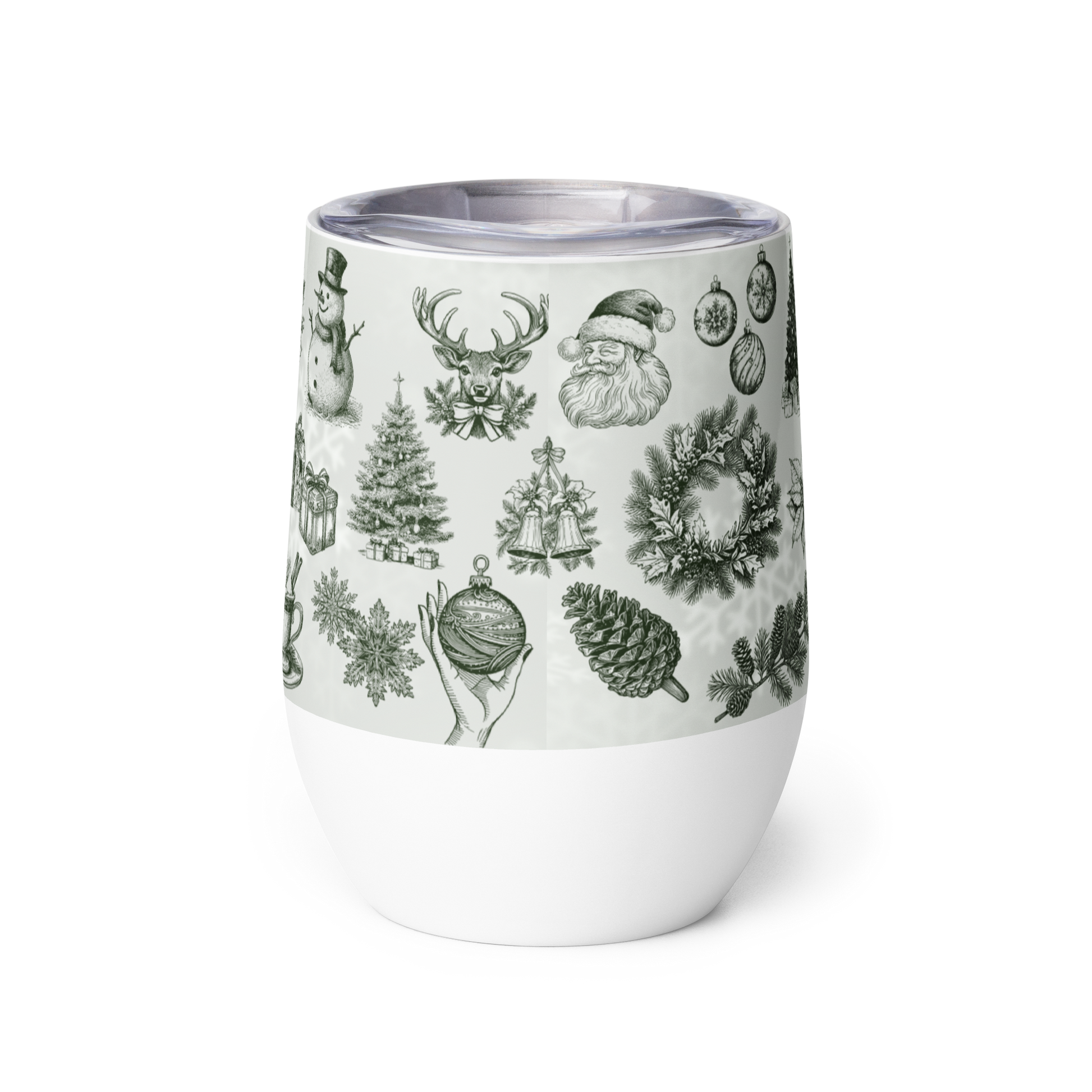 White tumbler with black Christmas-themed illustrations on a white background