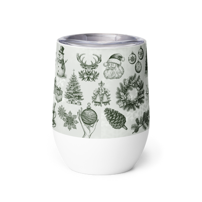 White tumbler with black Christmas-themed illustrations on a white background