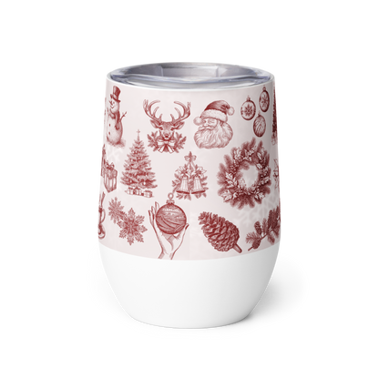 White tumbler with red Christmas-themed pattern on a white background