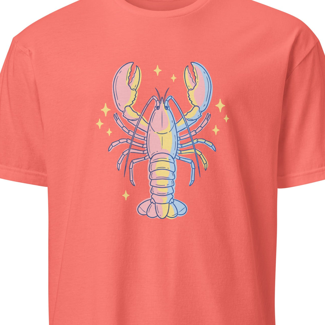 Coral t-shirt with a colorful lobster graphic