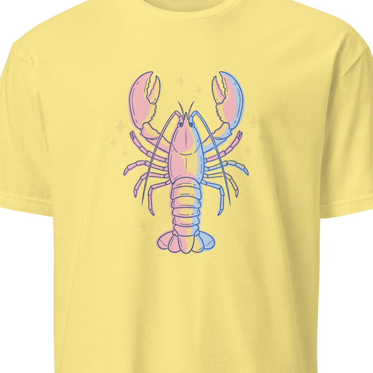 Yellow t-shirt with a colorful lobster design