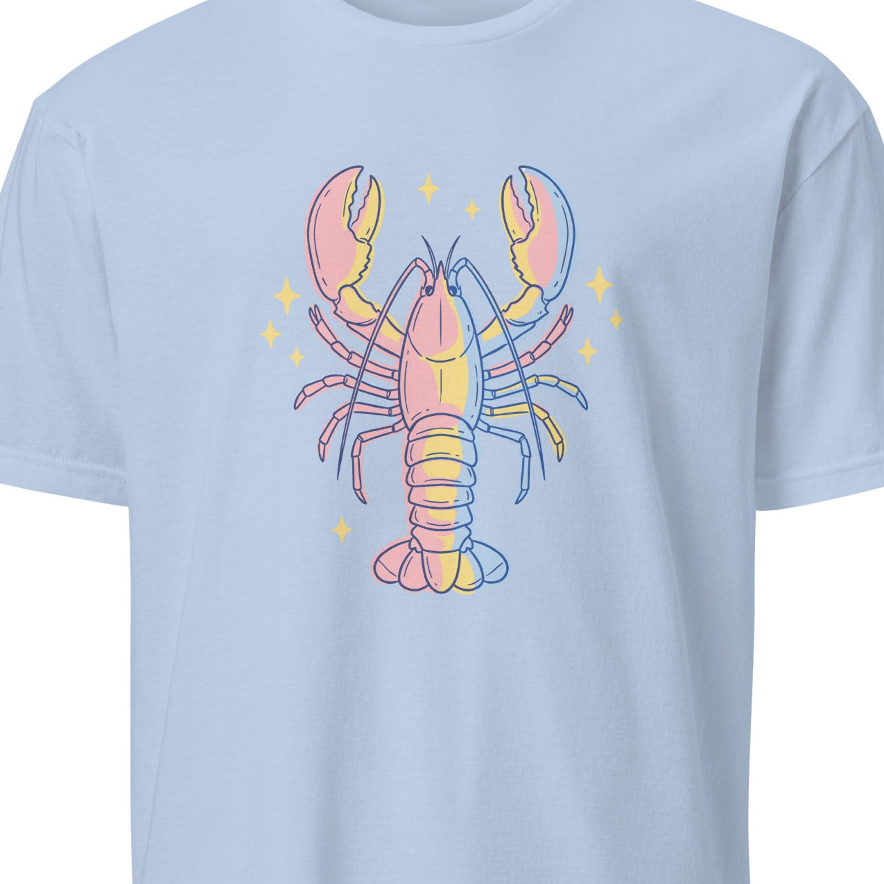 Light blue t-shirt with a colorful lobster graphic 