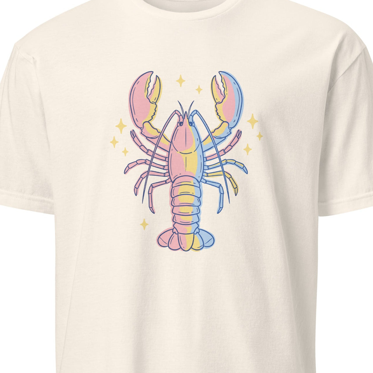 Beige t-shirt with a colorful lobster design 