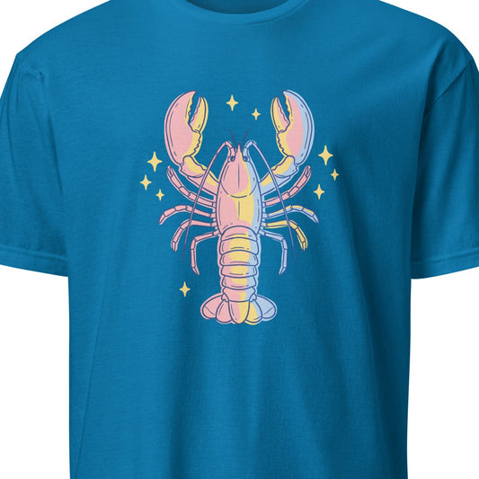 Blue t-shirt with a colorful lobster graphic 