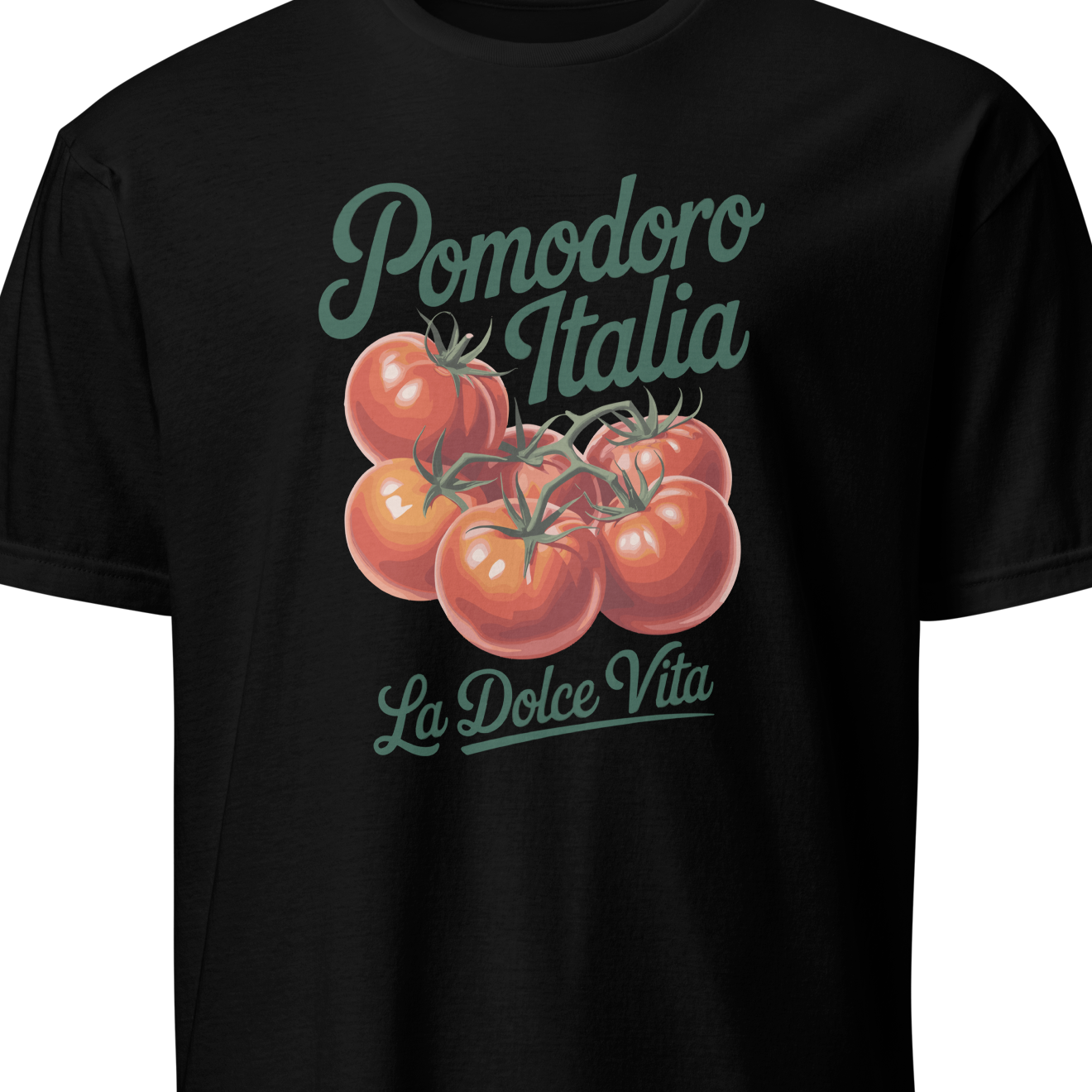 Black t-shirt with tomato graphic and text 'Pomodoro Italia La Dolce Vita' on a white background