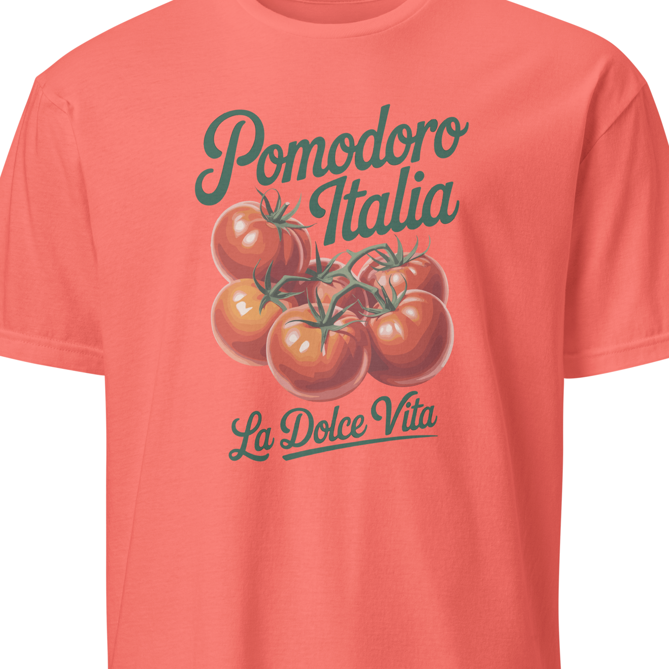Coral t-shirt with tomato graphic and text 'Pomodoro Italia La Dolce Vita' on a white background