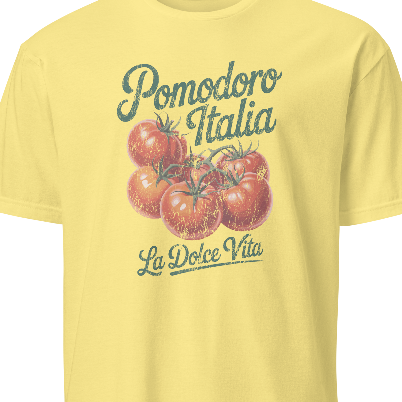 Yellow t-shirt with tomato graphic and text on a white background