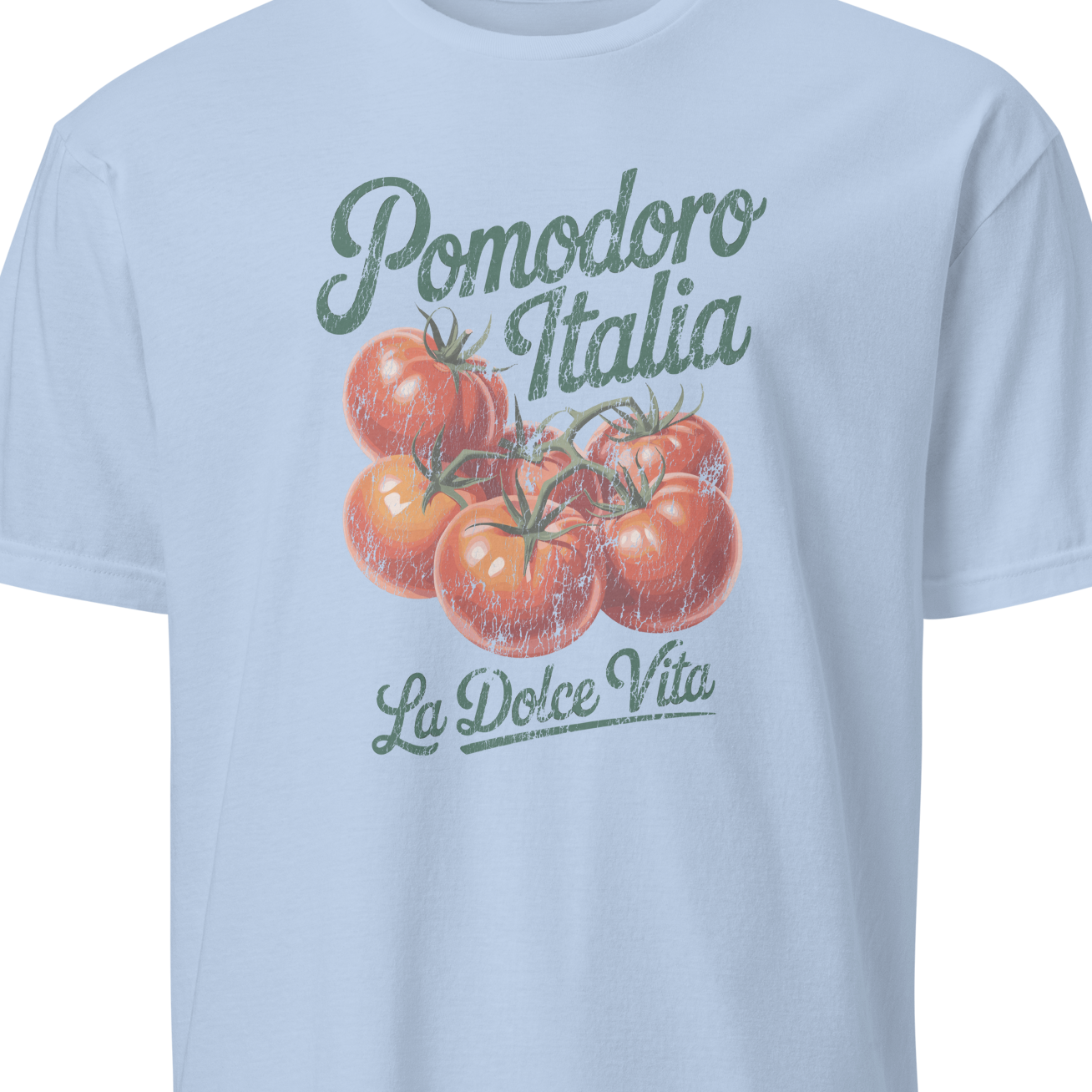 Light blue t-shirt with tomato graphic and text on a white background
