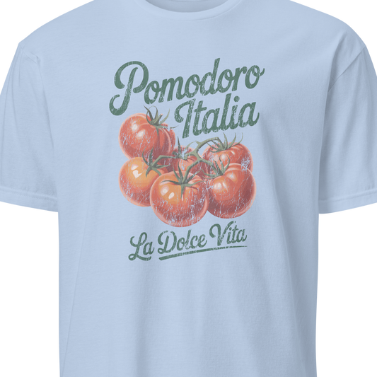 Light blue t-shirt with tomato graphic and text on a white background