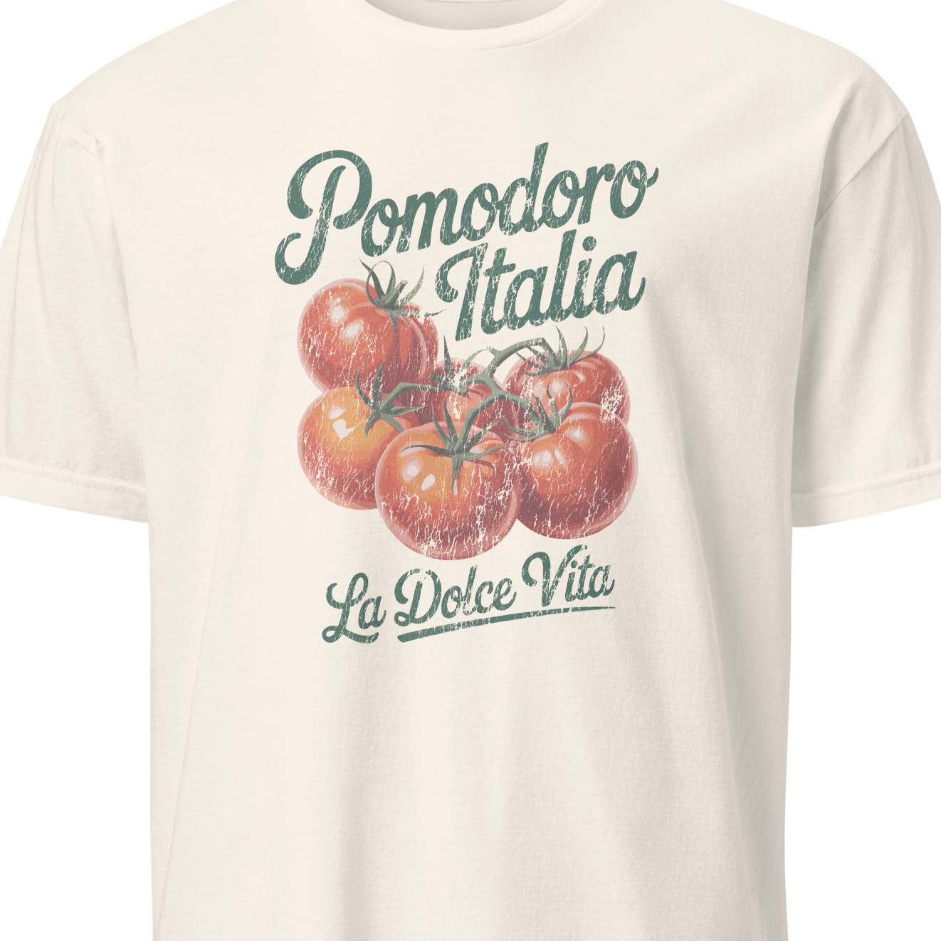 White t-shirt with tomato graphic and text on a white background