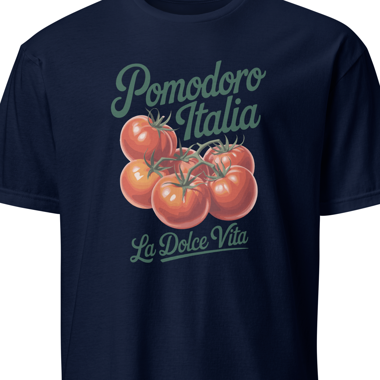 Navy blue t-shirt with tomato graphic and text on a white background