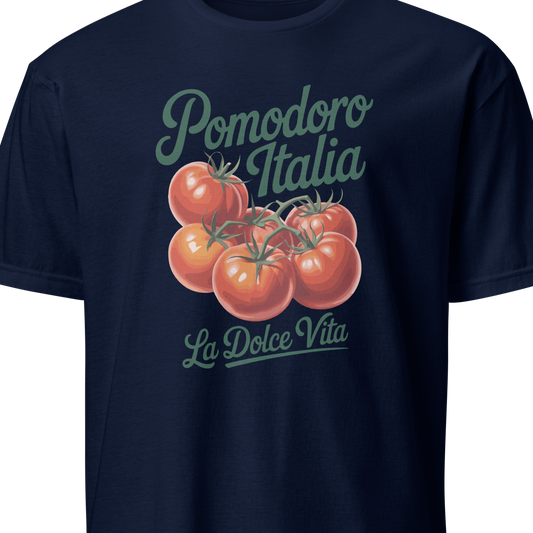 Navy blue t-shirt with tomato graphic and text on a white background
