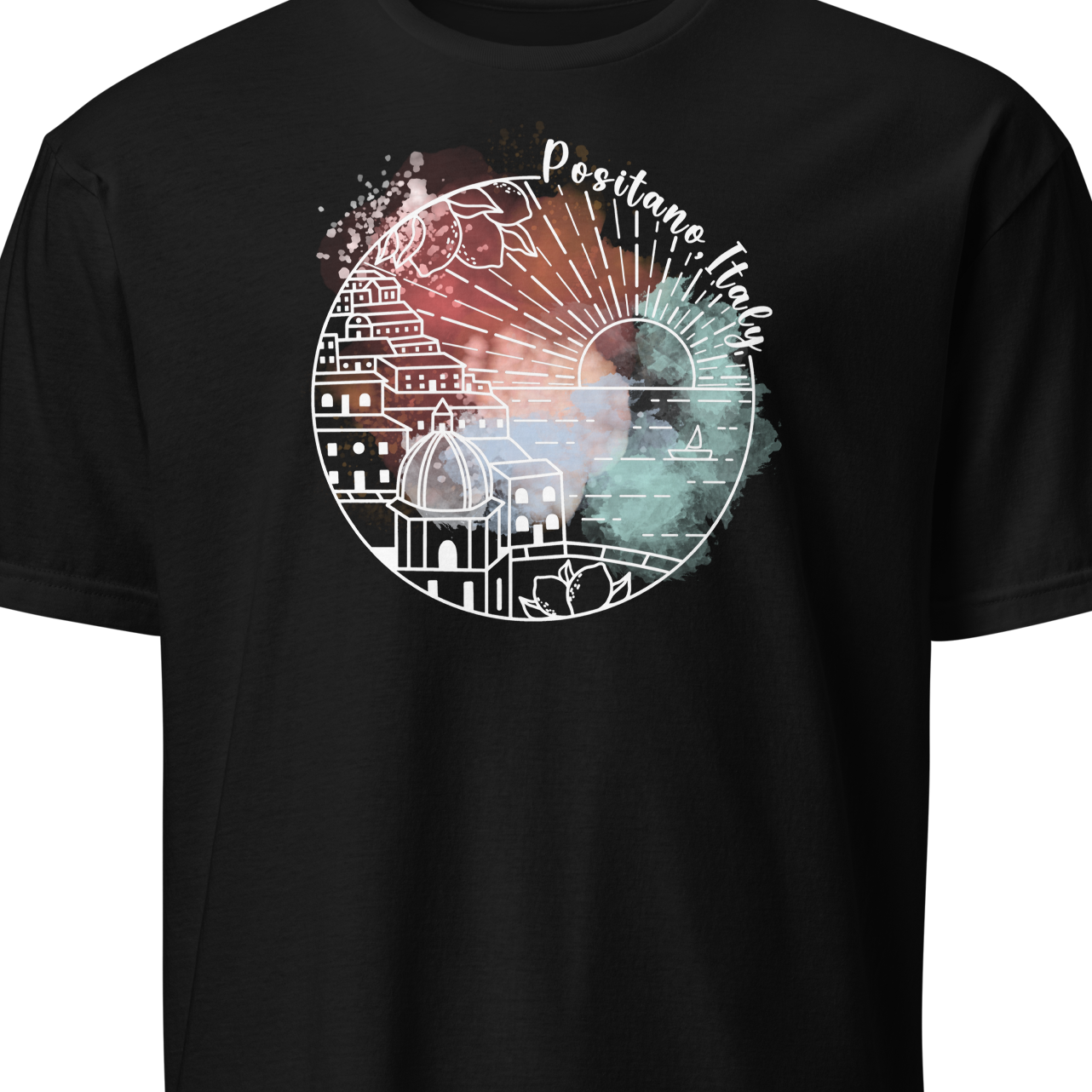 Black t-shirt with a colorful graphic design 