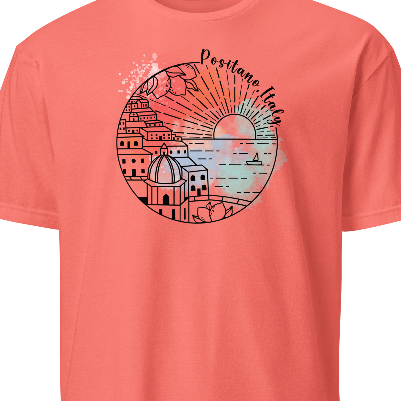 Coral t-shirt with a graphic design 