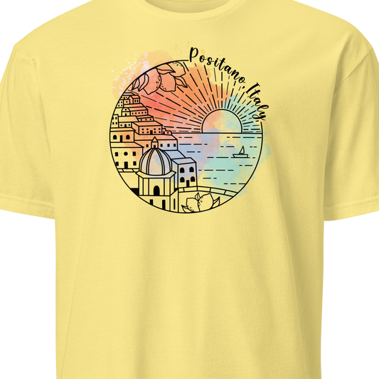 Yellow t-shirt with a colorful graphic  